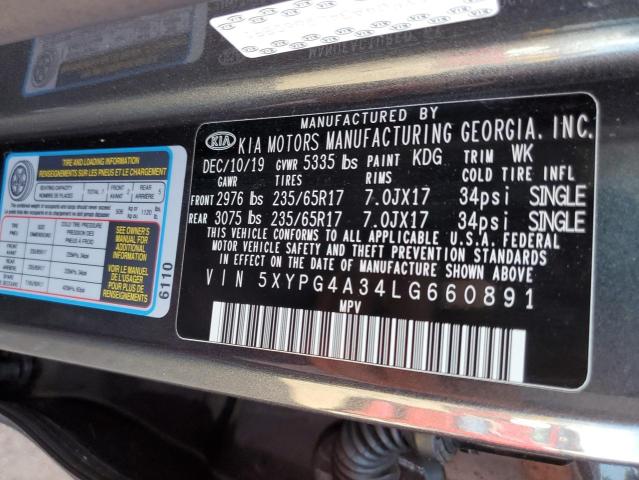 5XYPG4A34LG660891 - 2020 KIA SORENTO L GRAY photo 10