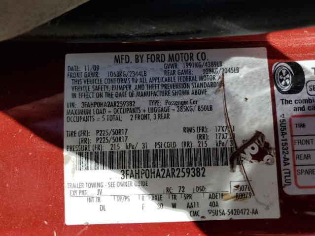 3FAHP0HA2AR259382 - 2010 FORD FUSION SE MAROON photo 10