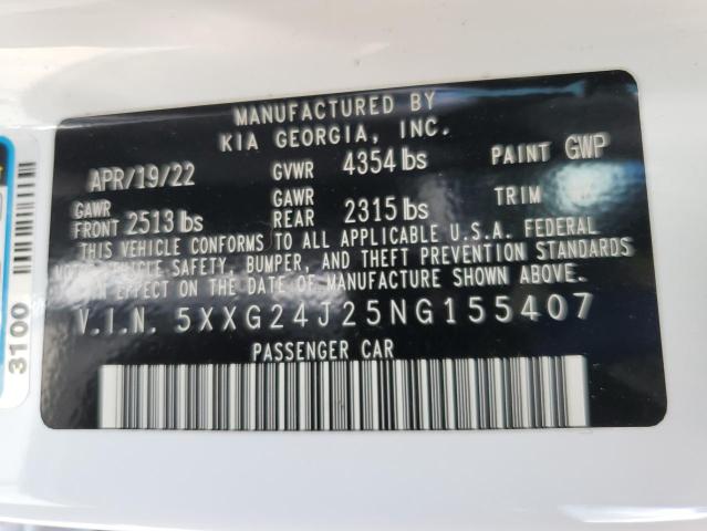 5XXG24J25NG155407 - 2022 KIA K5 LX WHITE photo 10