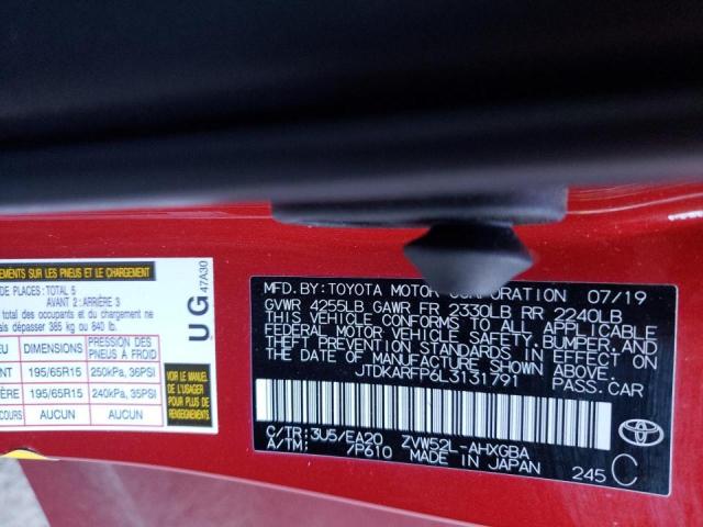 JTDKARFP6L3131791 - 2020 TOYOTA PRIUS PRIM 红色 照片 10