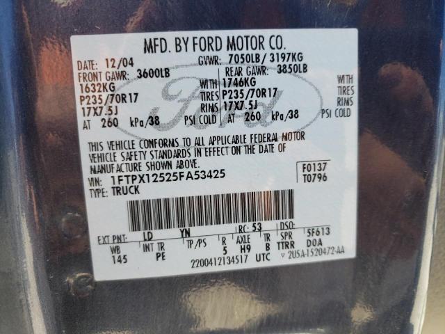 1FTPX12525FA53425 - 2005 FORD F150 BLUE photo 10