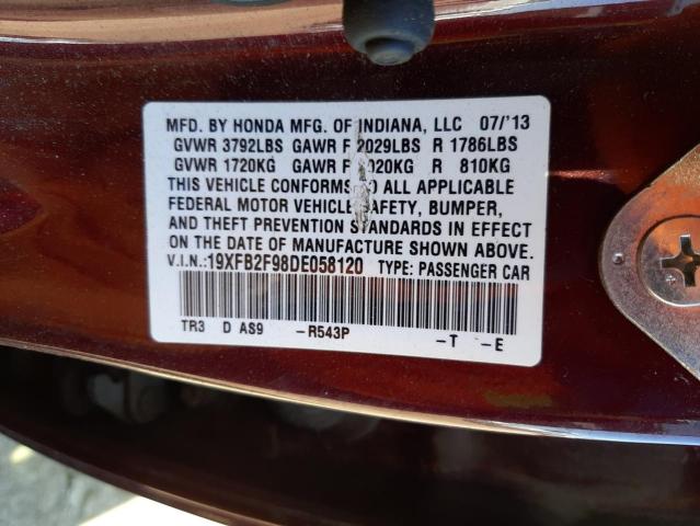 19XFB2F98DE058120 - 2013 HONDA CIVIC EXL 勃艮第红 照片 10