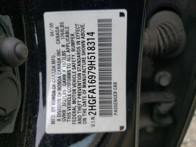 2HGFA16979H518314 - 2009 HONDA CIVIC EXL შავი ფოტო 10