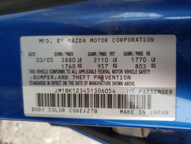 JM1BK123451306054 - 2005 MAZDA 3 S BLUE photo 10