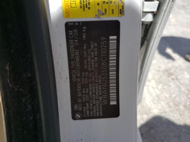 WBANU53508C110259 - 2008 BMW 528 I WHITE photo 10