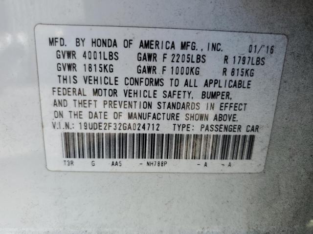 19UDE2F32GA024712 - 2016 ACURA ILX BASE W WHITE photo 10