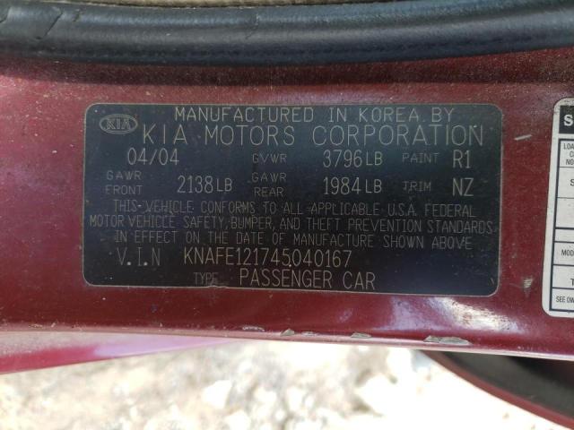 KNAFE121745040167 - 2004 KIA SPECTRA LX BURGUNDY photo 10