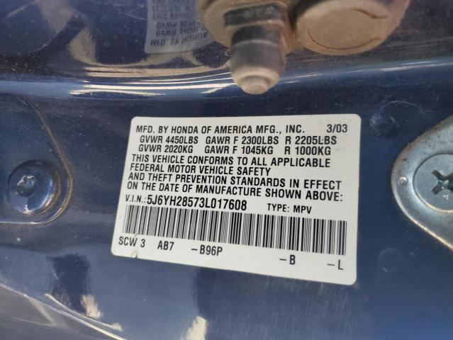 5J6YH28573L017608 - 2003 HONDA ELEMENT EX BLUE photo 10