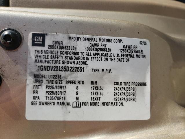 1GNDV23L35D227551 - 2005 CHEVROLET UPLANDER GOLD photo 10