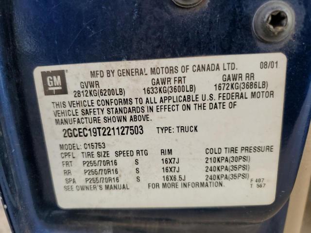 2GCEC19T221127503 - 2002 CHEVROLET SILVERADO BLUE photo 10