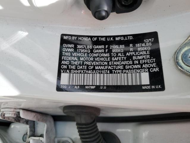 SHHFK7H40JU211074 - 2018 HONDA CIVIC SPOR WHITE photo 10