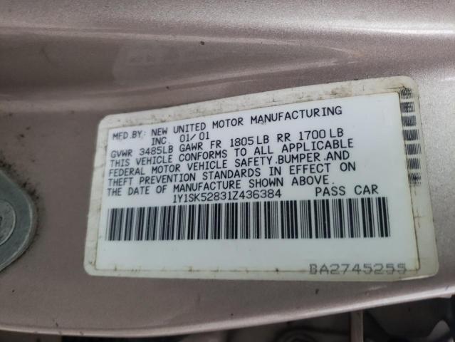 1Y1SK52831Z436384 - 2001 CHEVROLET GEO PRIZM 金色 照片 10