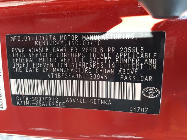 4T1BF3EK1BU130945 - 2011 TOYOTA CAMRY BASE RED photo 10