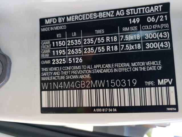 W1N4M4GB2MW150319 - 2021 MERCEDES-BENZ GLB 250 WHITE photo 10