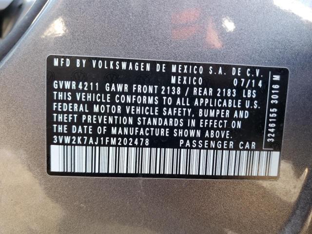 3VW2K7AJ1FM202478 - 2015 VOLKSWAGEN JETTA BASE Մոխրագույն լուսանկար 10