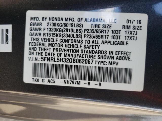 5FNRL5H32GB062067 - 2016 HONDA ODYSSEY SE GRAY photo 10