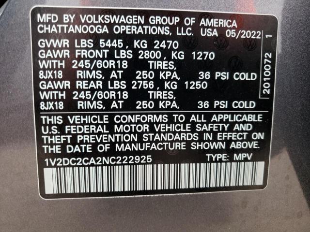 1V2DC2CA2NC222925 - 2022 VOLKSWAGEN ATLAS CROS Серый фото 10