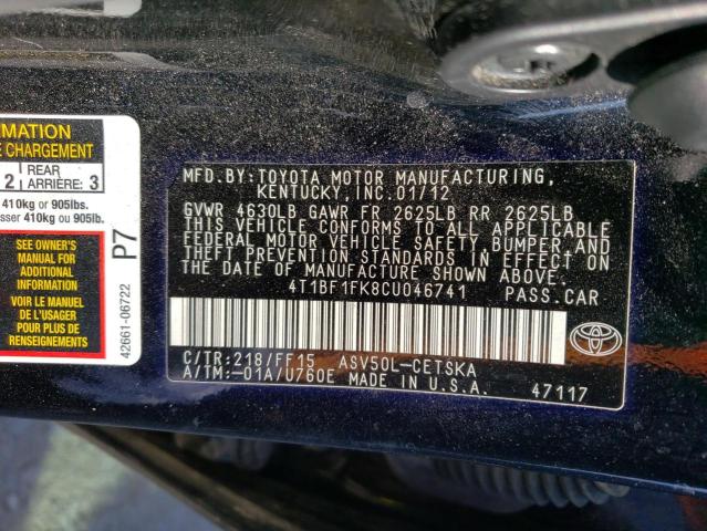 4T1BF1FK8CU046741 - 2012 TOYOTA CAMRY BASE  photo 10