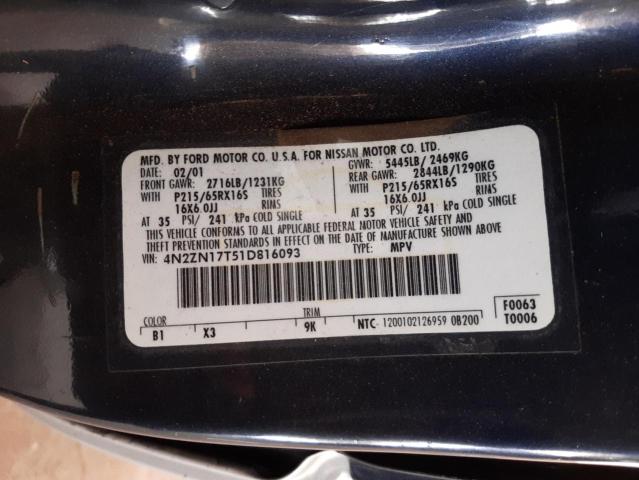 4N2ZN17T51D816093 - 2001 NISSAN QUEST GLE BLUE photo 10