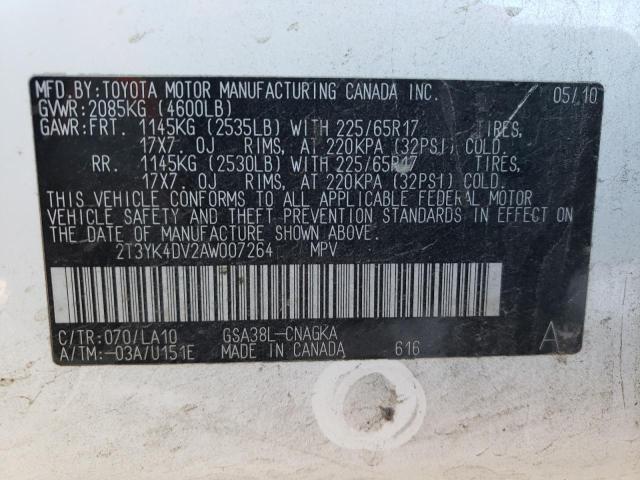 2T3YK4DV2AW007264 - 2010 TOYOTA RAV4 LIMIT WHITE photo 10