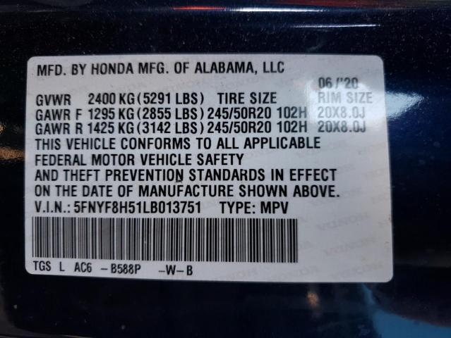 5FNYF8H51LB013751 - 2020 HONDA PASSPORT E 蓝色 照片 10