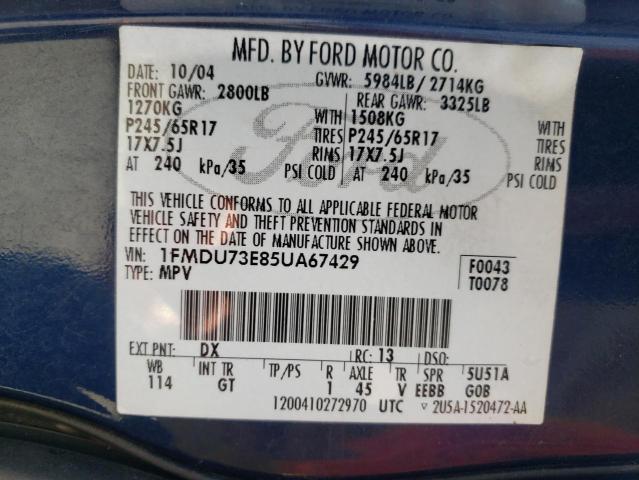 1FMDU73E85UA67429 - 2005 FORD EXPLORER BLUE photo 10