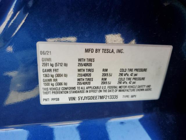 5YJYGDEE7MF213335 - 2021 TESLA MODEL Y أزرق صورة 10