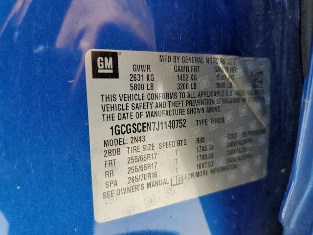 1GCGSCEN7J1140752 - 2018 CHEVROLET COLORADO L BLUE photo 10