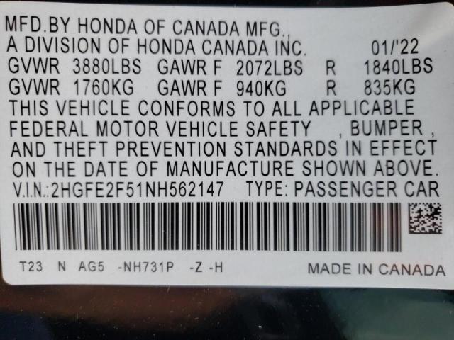 2HGFE2F51NH562147 - 2022 HONDA CIVIC SPOR BLACK photo 10