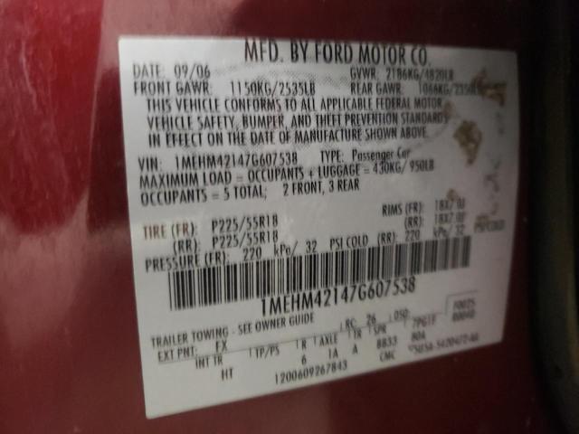 1MEHM42147G607538 - 2007 MERCURY MONTEGO PR 勃艮第红 照片 10