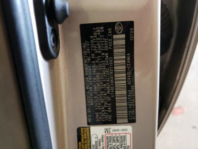 4T4BE46K87R011603 - 2007 TOYOTA CAMRY CE GOLD photo 10