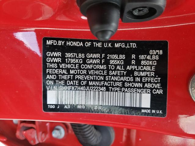 SHHFK7H40JU222348 - 2018 HONDA CIVIC SPOR RED photo 10