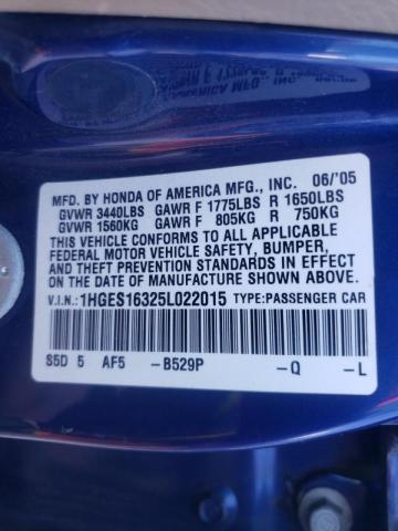 1HGES16325L022015 - 2005 HONDA CIVIC DX V BLUE photo 10