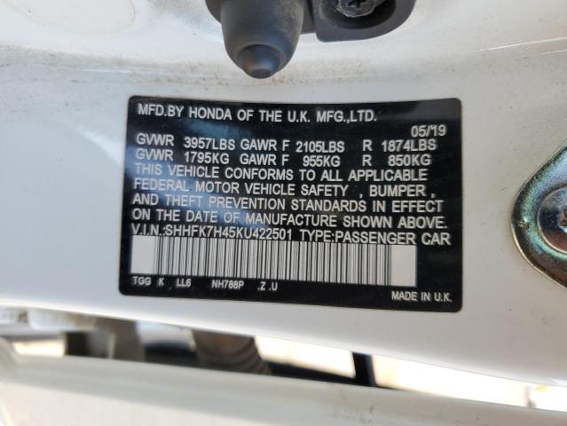 SHHFK7H45KU422501 - 2019 HONDA CIVIC SPOR WHITE photo 10