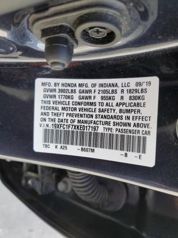 19XFC1F7XKE017197 - 2019 HONDA CIVIC EXL Mavi foto 10