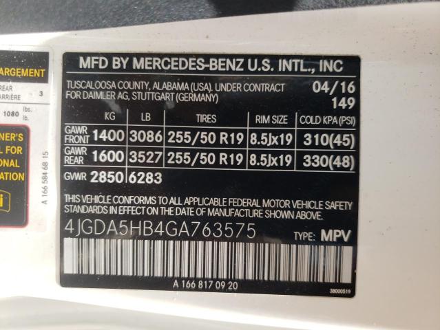 4JGDA5HB4GA763575 - 2016 MERCEDES-BENZ GLE 350 4M WHITE photo 10