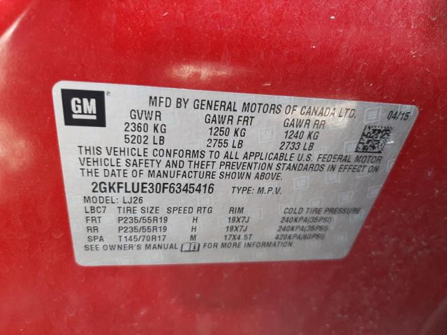 2GKFLUE30F6345416 - 2015 GMC TERRAIN RED photo 10