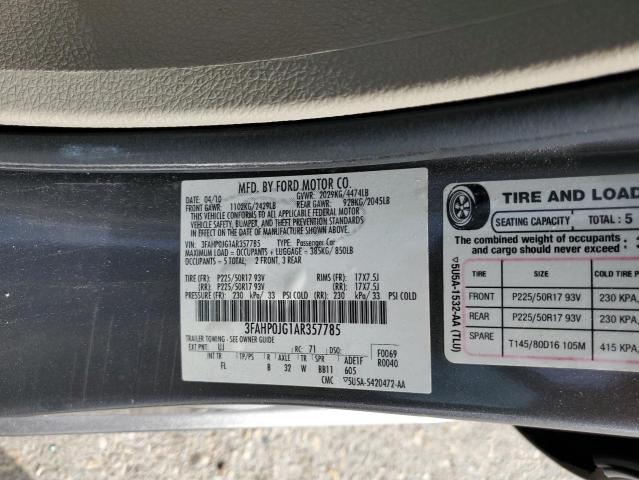 3FAHP0JG1AR357785 - 2010 FORD FUSION SEL GRAY photo 10