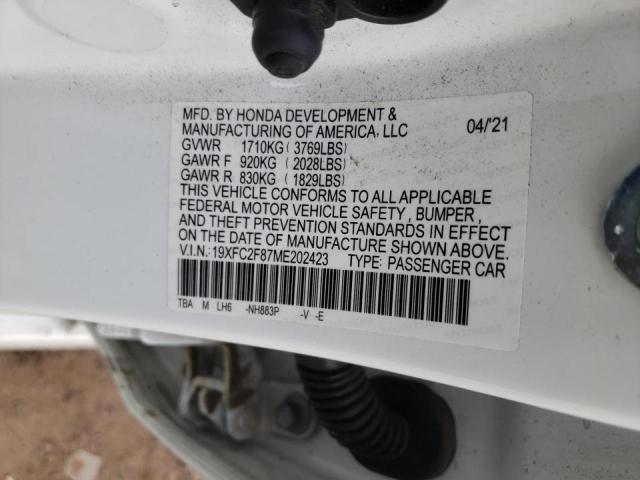 19XFC2F87ME202423 - 2021 HONDA CIVIC SPOR WHITE photo 10