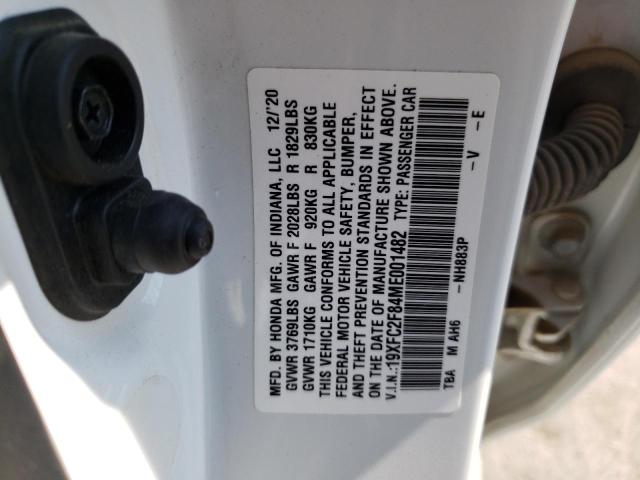 19XFC2F84ME001482 - 2021 HONDA CIVIC SPOR WHITE photo 10