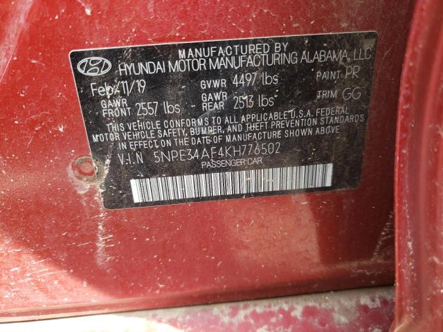 5NPE34AF4KH776502 - 2019 HYUNDAI SONATA LIM RED photo 10