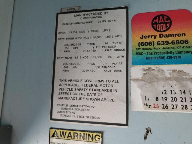 4DRBRAAN43A959295 - 2003 IC CORPORATION 3000 YELLOW photo 10