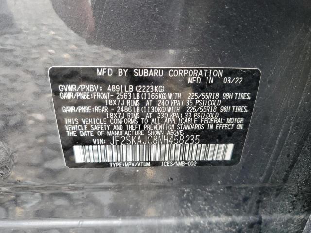 JF2SKAJC8NH458235 - 2022 SUBARU FORESTER S CHARCOAL photo 10