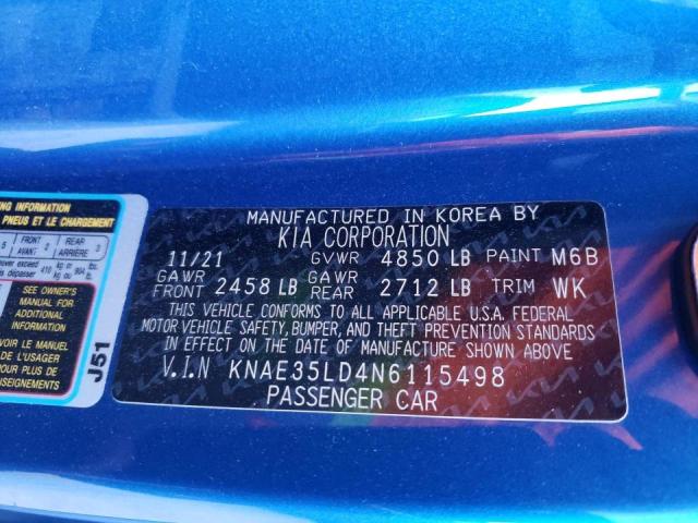 KNAE35LD4N6115498 - 2022 KIA STINGER GT BLUE photo 10