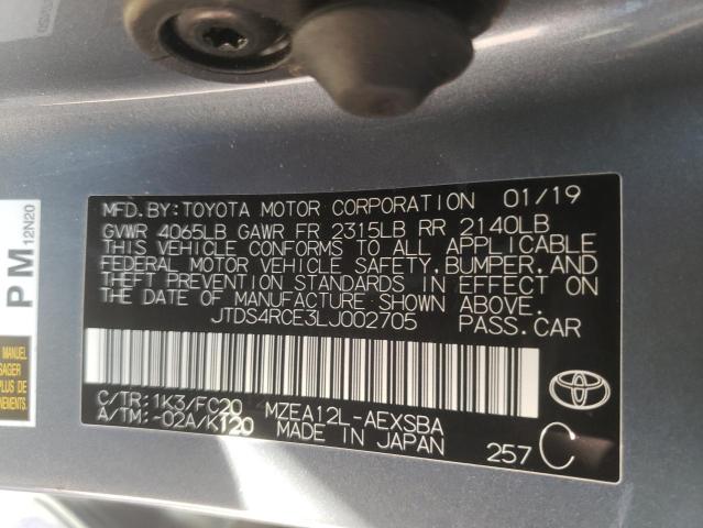 JTDS4RCE3LJ002705 - 2020 TOYOTA COROLLA SE GRAY photo 10