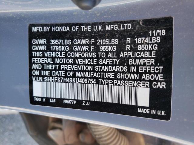 SHHFK7H49KU406754 - 2019 HONDA CIVIC SPOR 蓝色 照片 10