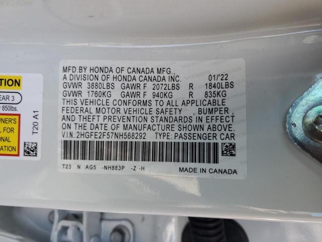 2HGFE2F57NH568292 - 2022 HONDA CIVIC SPOR WHITE photo 10