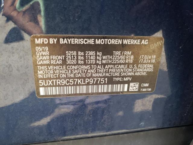 5UXTR9C57KLP97751 - 2019 BMW X3 XDRIVE3 BLUE photo 10