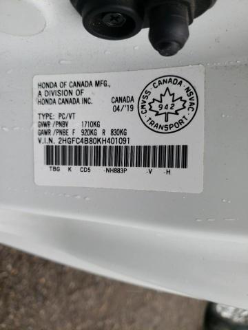 2HGFC4B80KH401091 - 2019 HONDA CIVIC SPOR WHITE photo 10