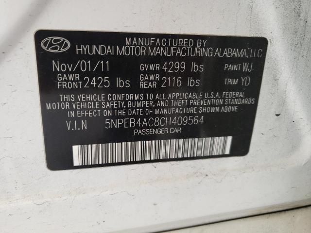 5NPEB4AC8CH409564 - 2012 HYUNDAI SONATA GLS WHITE photo 10